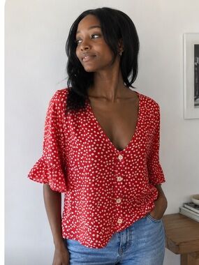 Red Daisy Print Blouse 2XL Floral Button Front Top